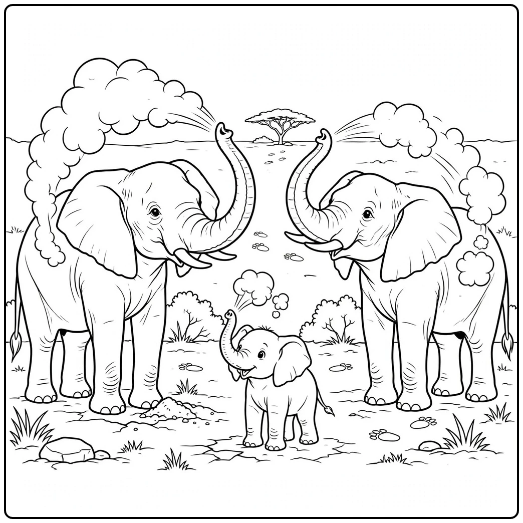 Three elephants toss dust together in an elephant family coloring page