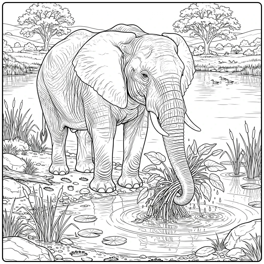 Lakeside detailed elephant coloring page with a trunk pulling aquatic plants from water