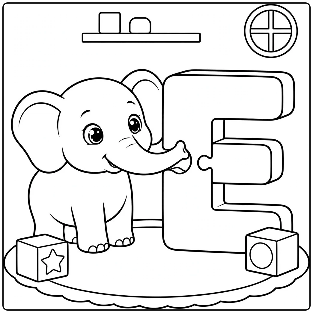 Giant letter puzzle makes an e is for elephant coloring page for early learners