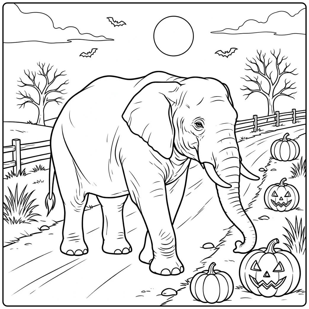 Elephant walks past carved jack-o'-lanterns beneath a full moon and flying bats