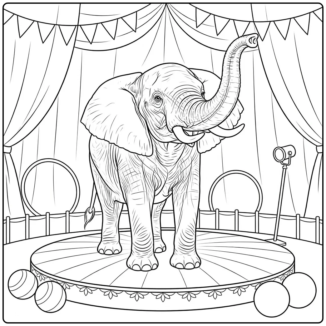 Circus elephant stands on a round pedestal with hoops, balls, curtains, and bunting