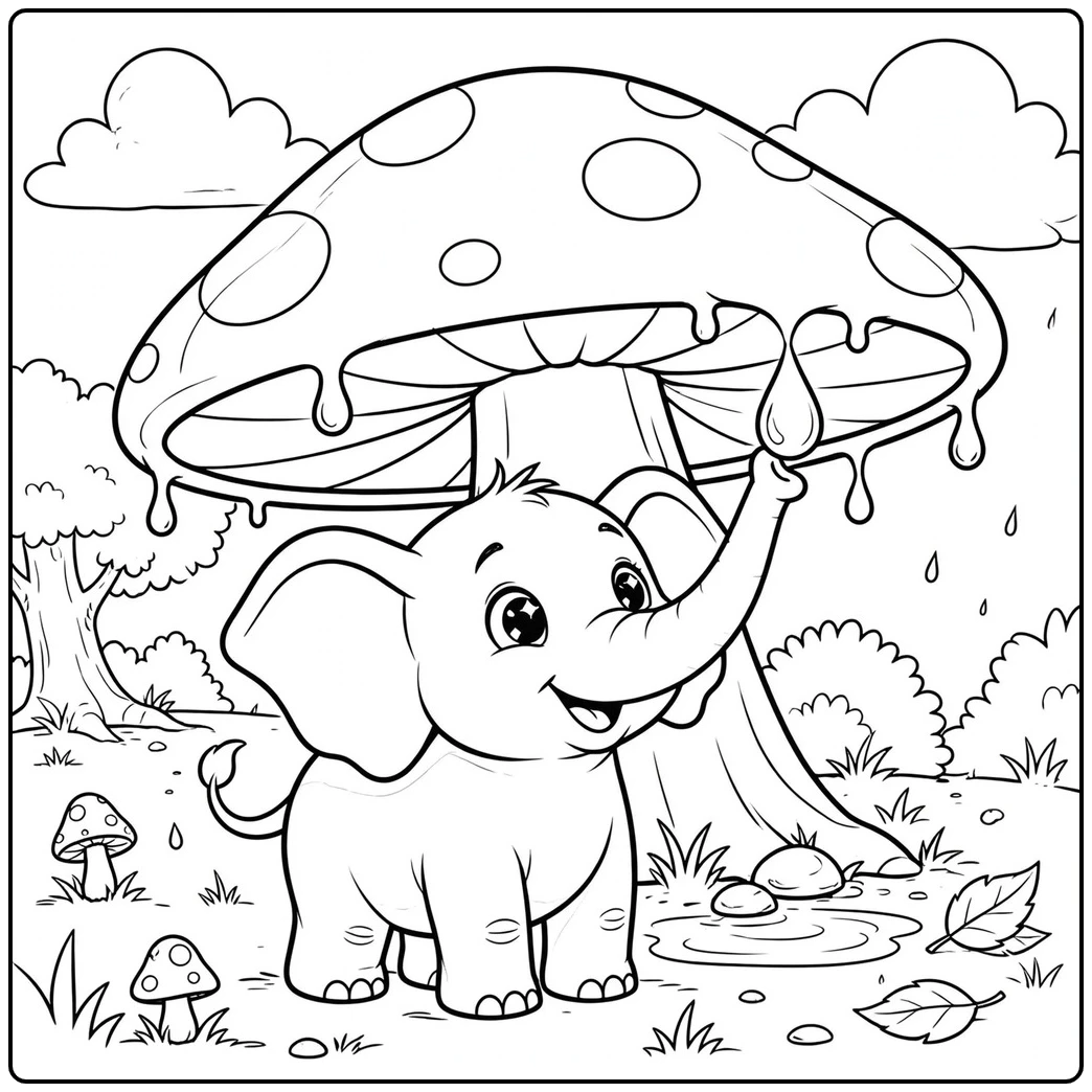 Elephant cartoon coloring page under a giant mushroom with falling raindrops