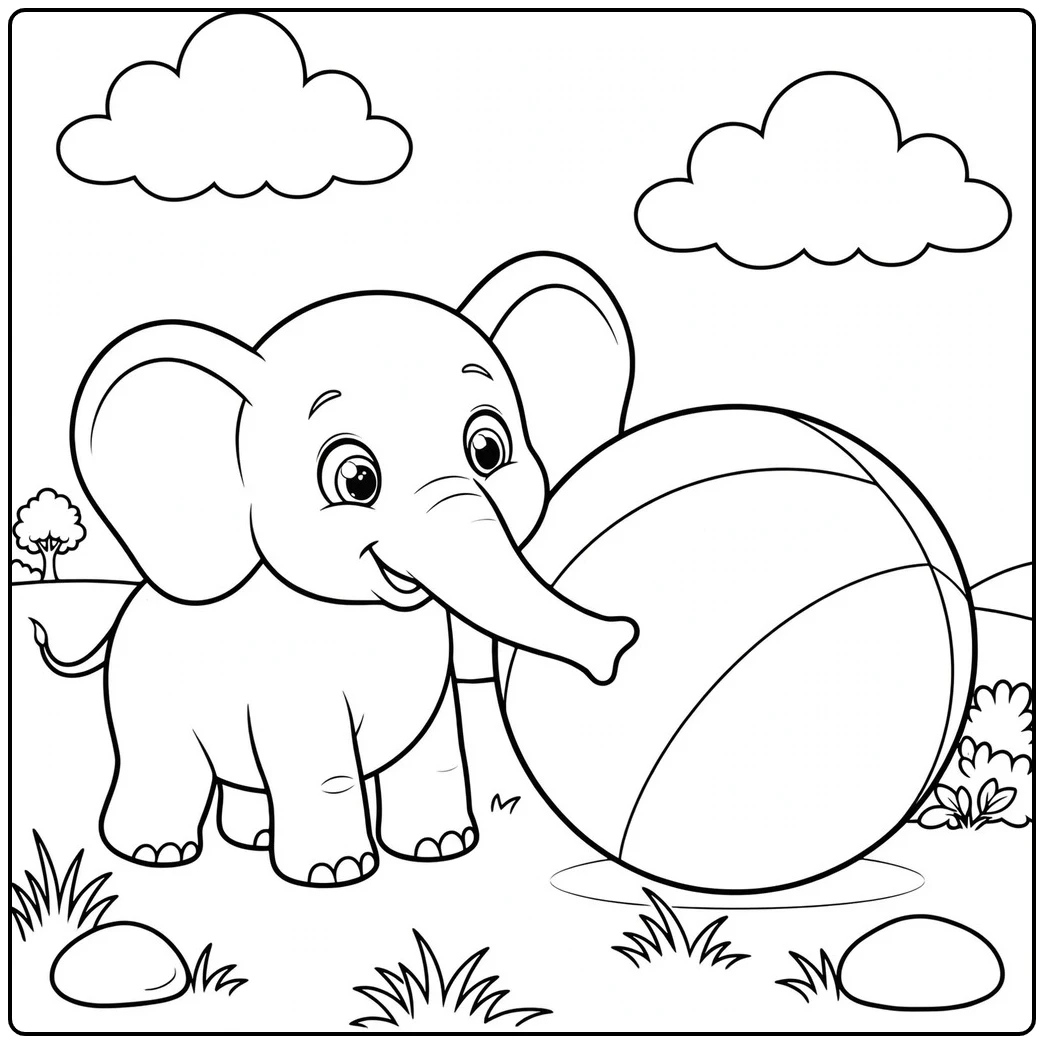 Easy elephant coloring page with a calf pushing a giant striped ball