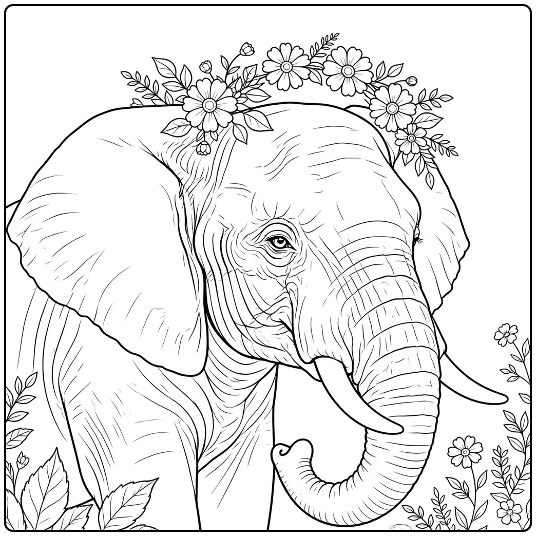 Close-up elephant portrait wearing a natural crown of daisies, leaves, and small blossoms