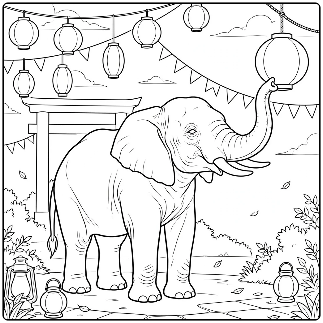 Adult elephant reaches toward a hanging lantern beneath strings of festival decorations