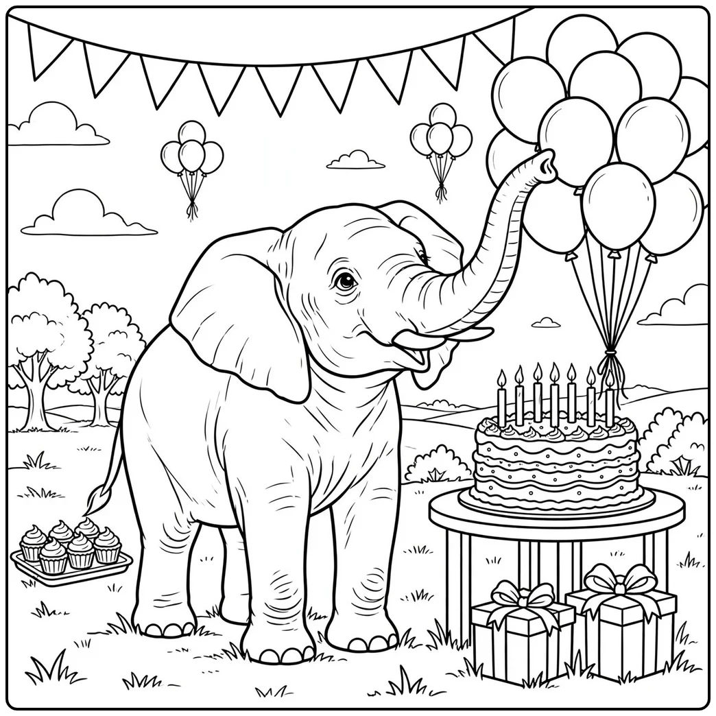 Elephant reaches toward balloons beside a birthday cake, cupcakes, and wrapped presents