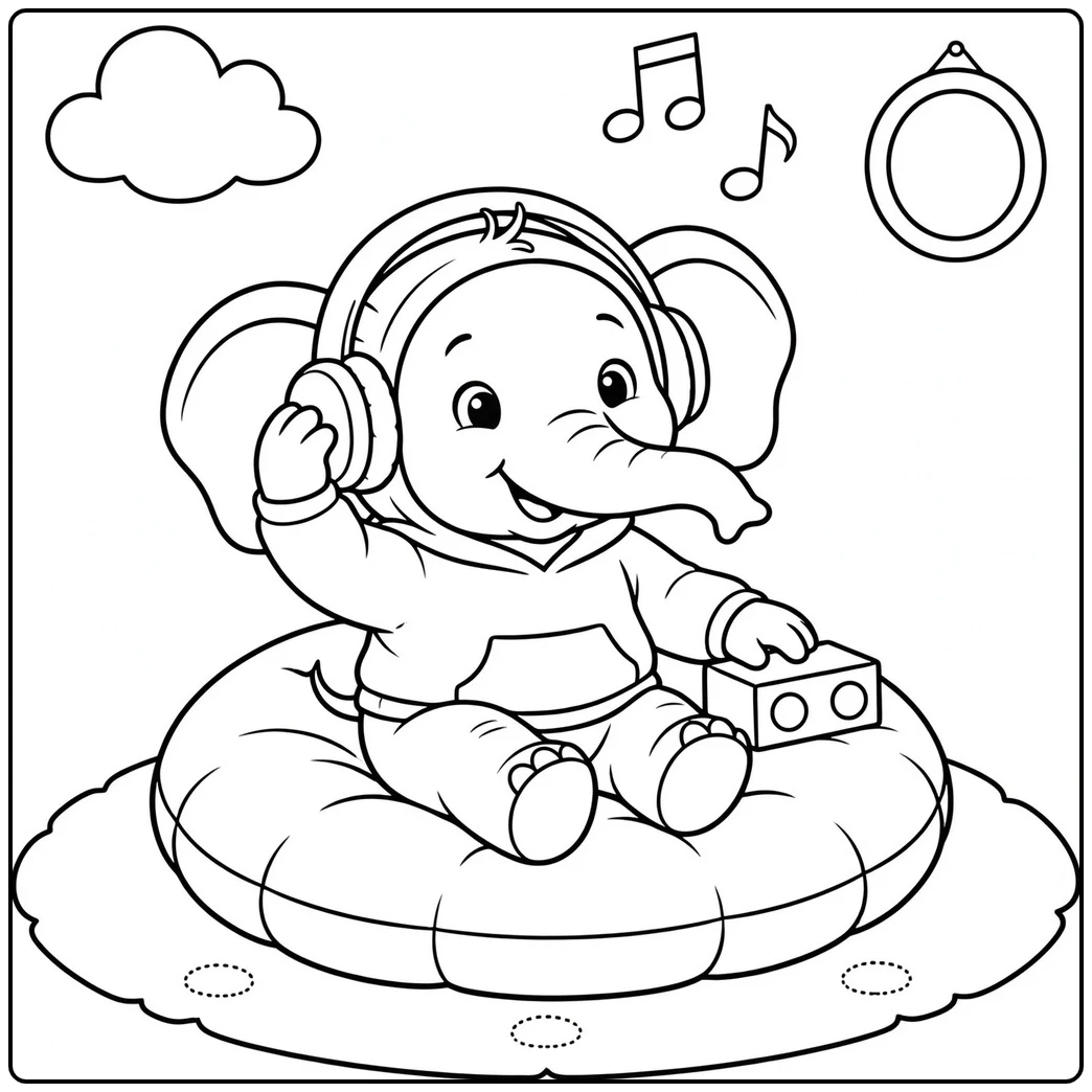 Elephant in headphones enjoys music while sitting on a large round cushion
