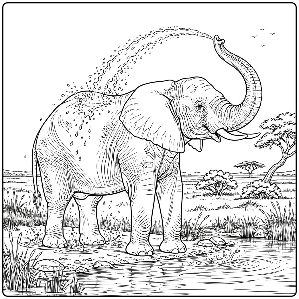Adult elephant sprays an arc of water over its back beside a quiet waterhole