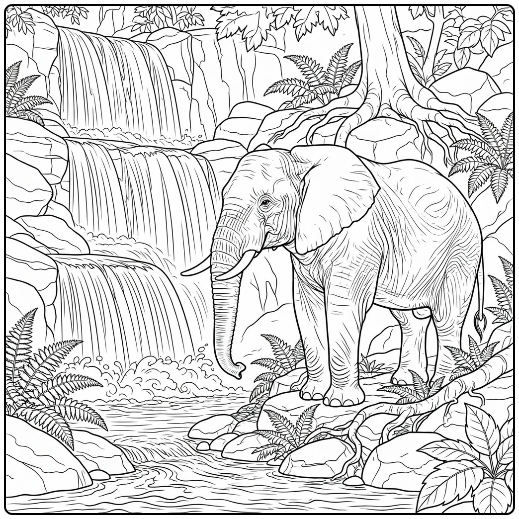 Detailed elephant coloring page with an adult standing beside a tiered forest waterfall
