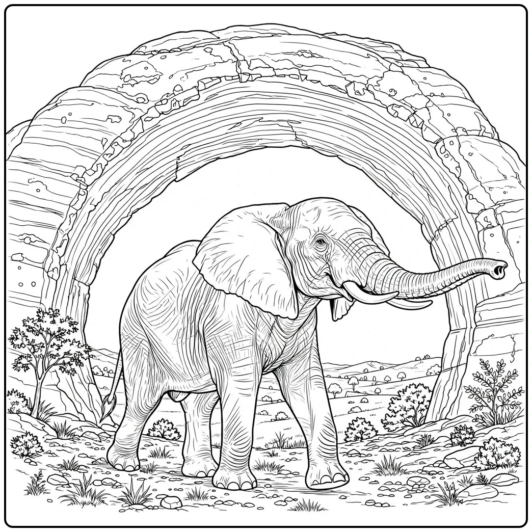 Large elephant walks beneath a weathered natural stone arch with rocky hills beyond