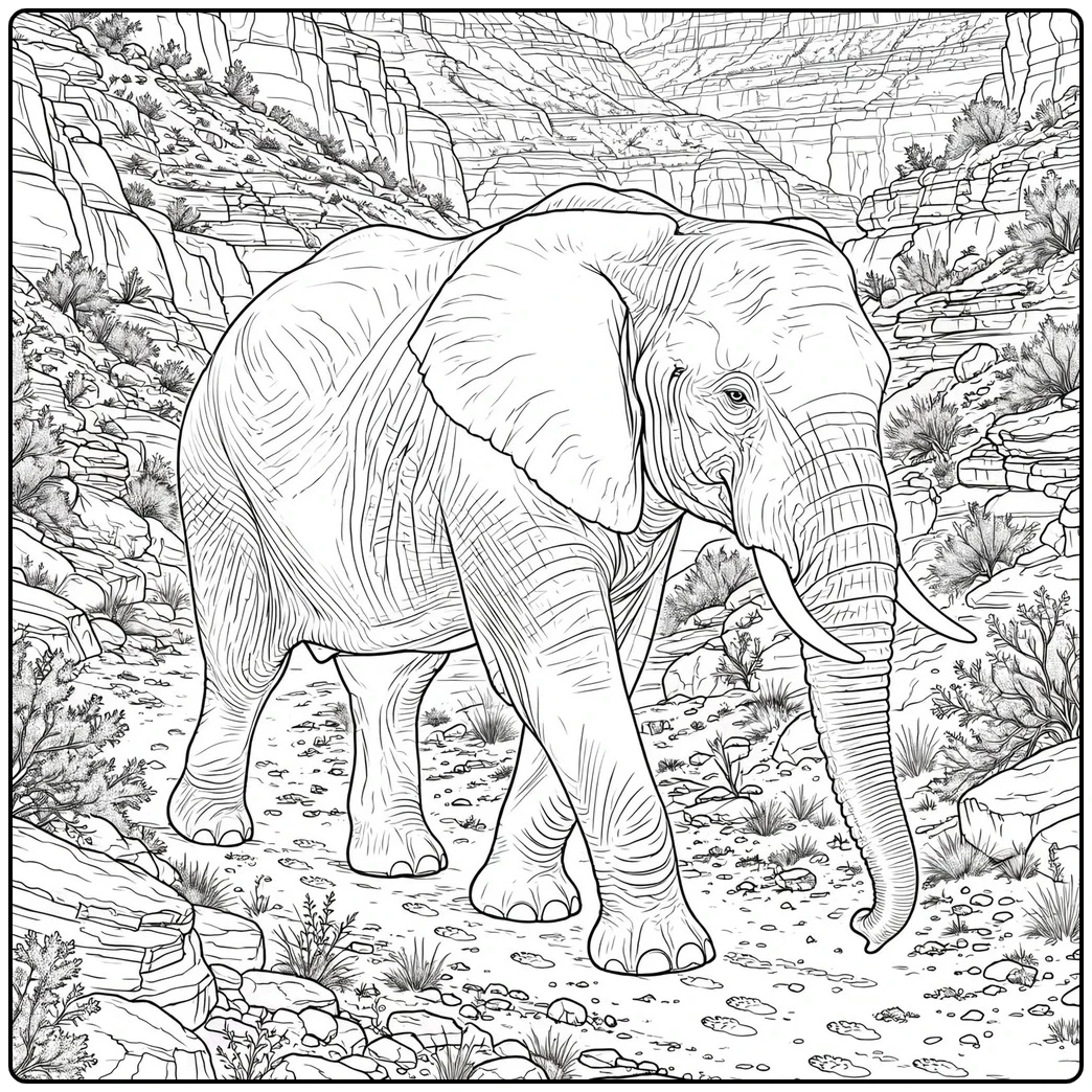 Rocky canyon scene for an elephant coloring page for adults with one walking elephant