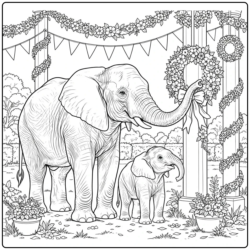 Adult and calf stand beneath a floral arch on this elephant coloring page for a spring festival