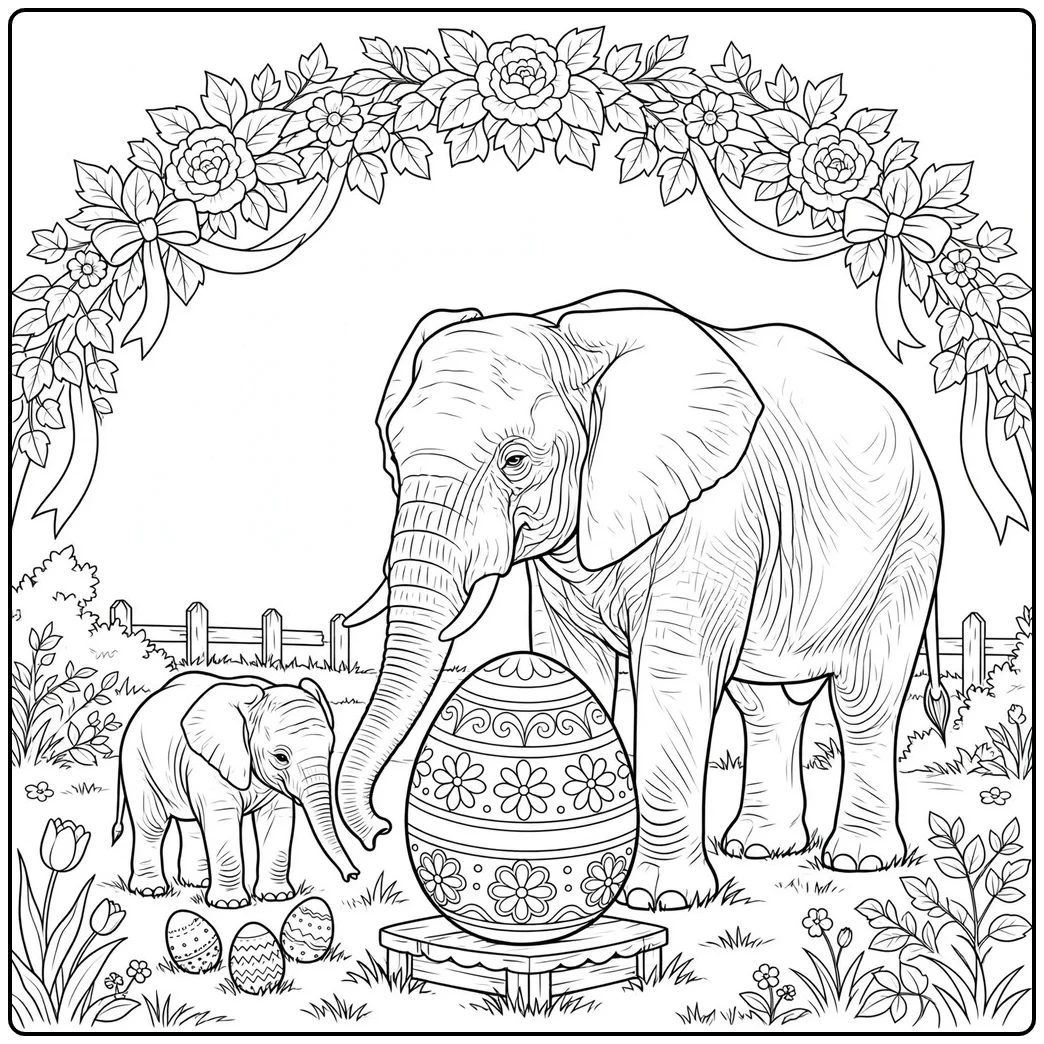 Adult and baby elephants stand beside a giant decorated Easter egg under a floral arch
