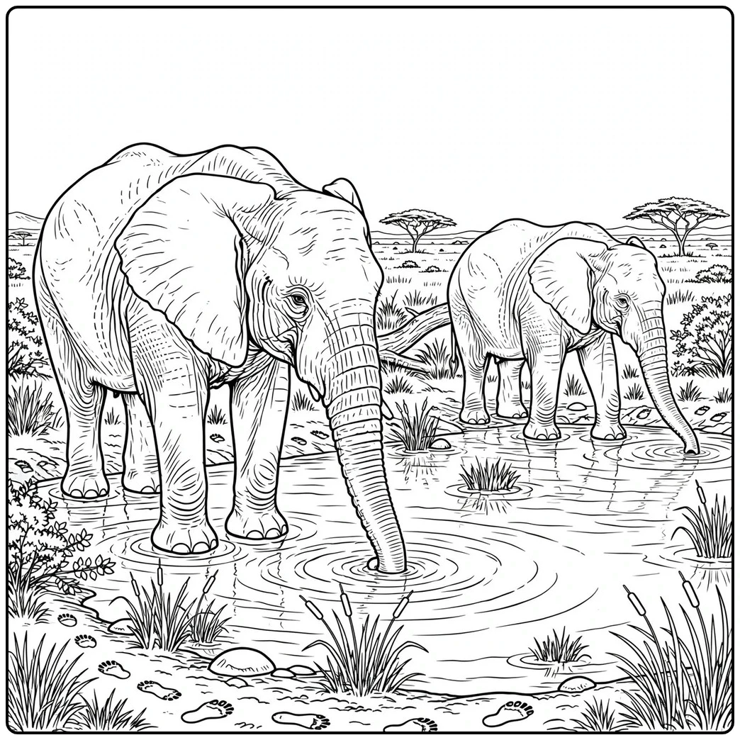 Two elephants lower their trunks into a shallow waterhole surrounded by grasses