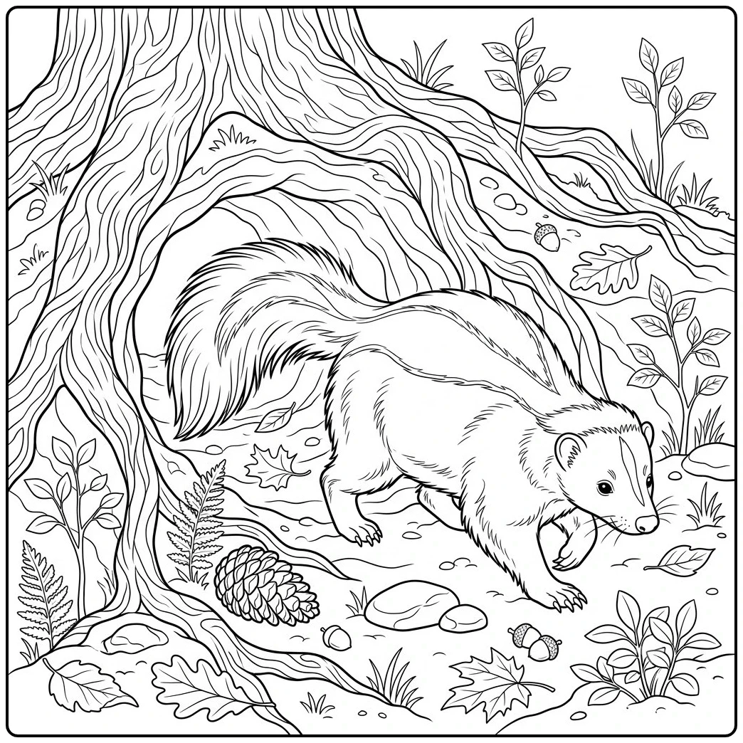 Realistic skunk explores beneath massive tree roots among pinecones and fallen leaves