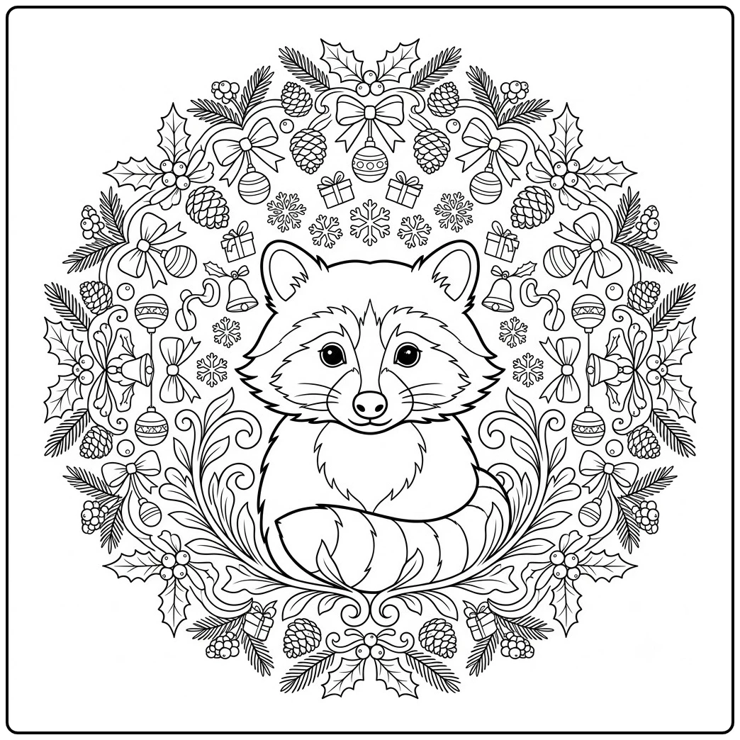 Centered raccoon surrounded by a detailed Christmas wreath mandala