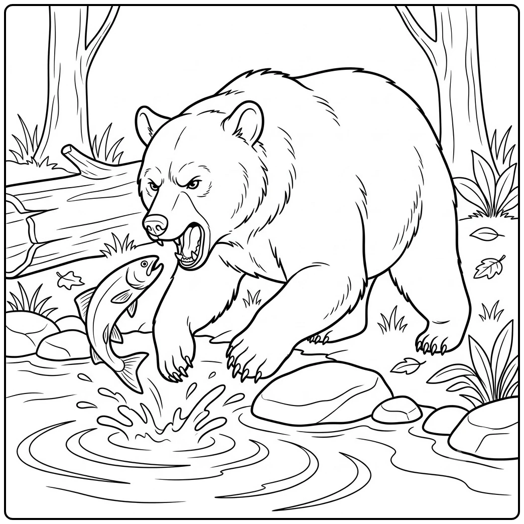 Fierce bear coloring page shows a large bear lunging toward a fish beside a rocky creek.