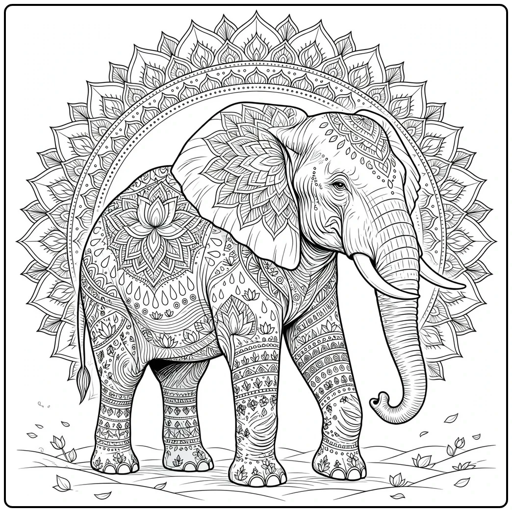 Full-body elephant covered in intricate floral mandala patterns before a large circular halo