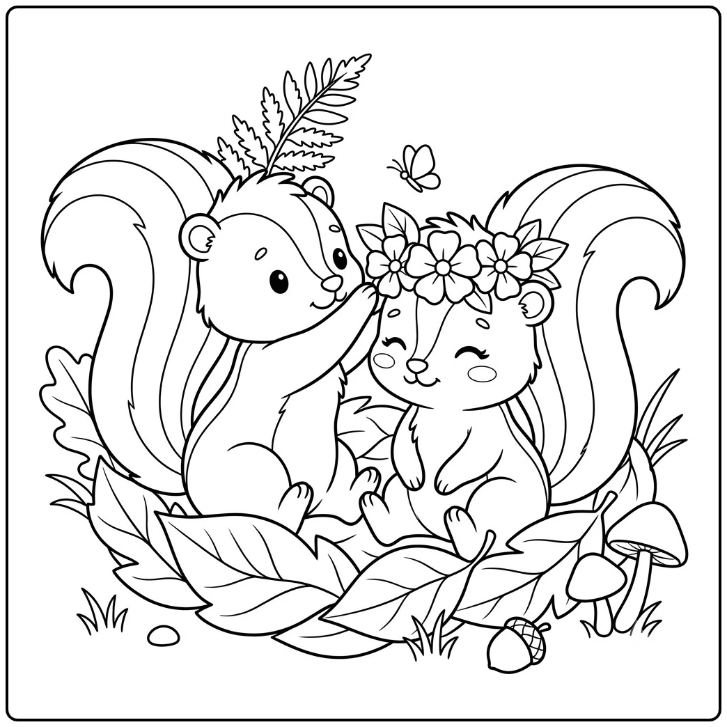 Two baby skunks share a flower crown in a leafy skunk coloring page with mushrooms