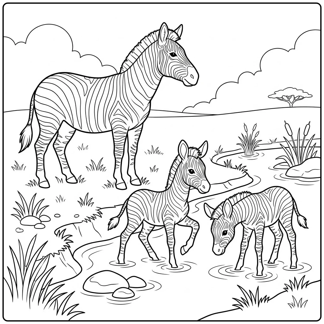 Two zebra foals wade through a stream while an adult watches from the grassy bank