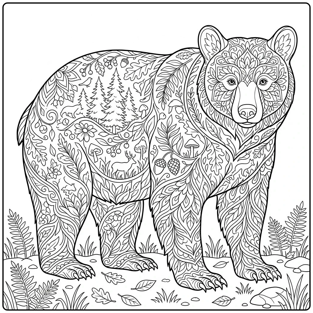 Full-body black bear covered in forest-inspired mandala animals and plants