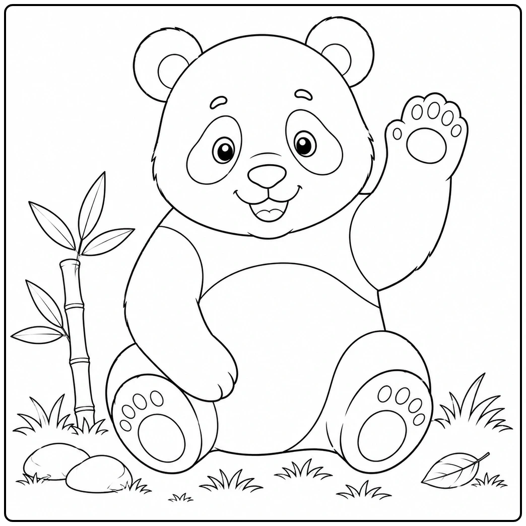 Friendly panda waves beside bamboo, rocks, and grass in an easy panda coloring page for kids
