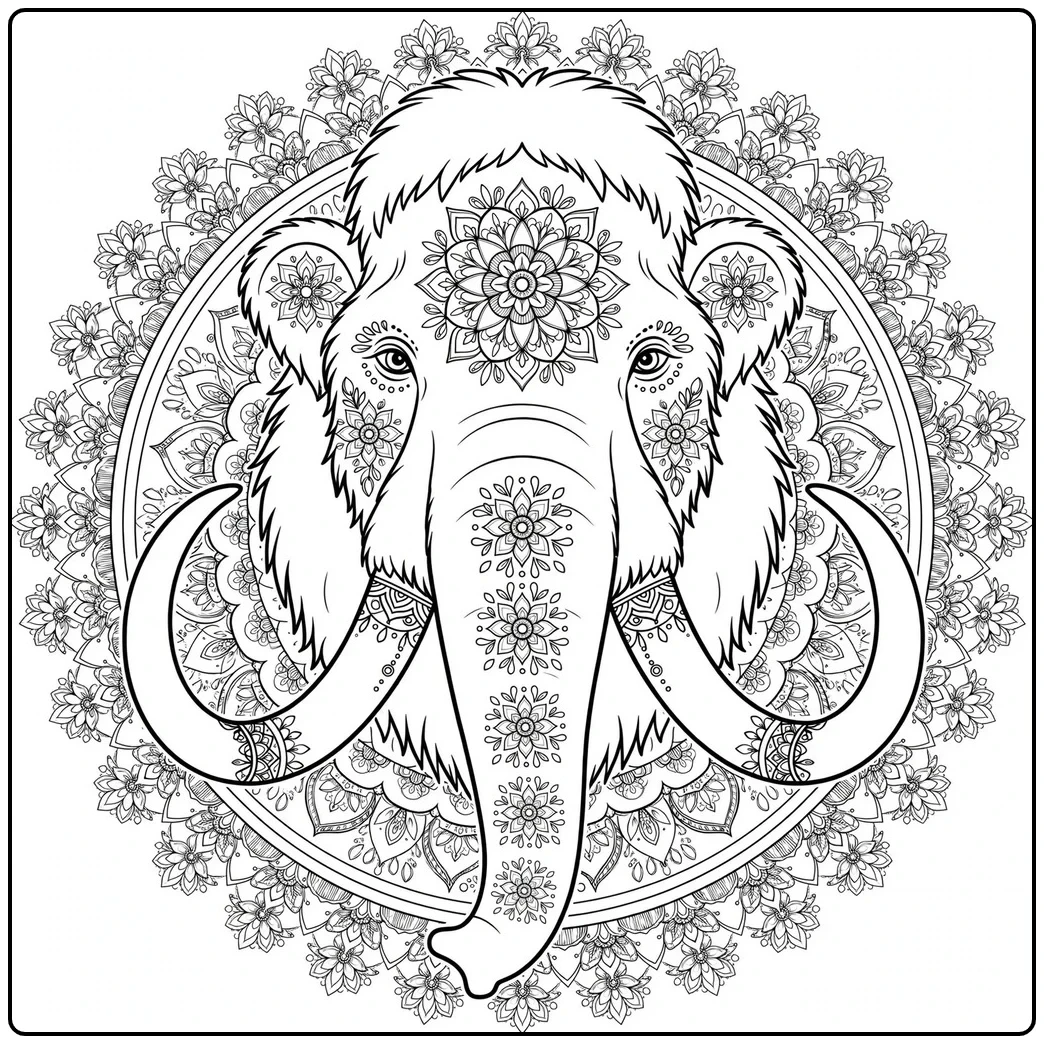 Front-facing mammoth head surrounded by a circular floral mandala design