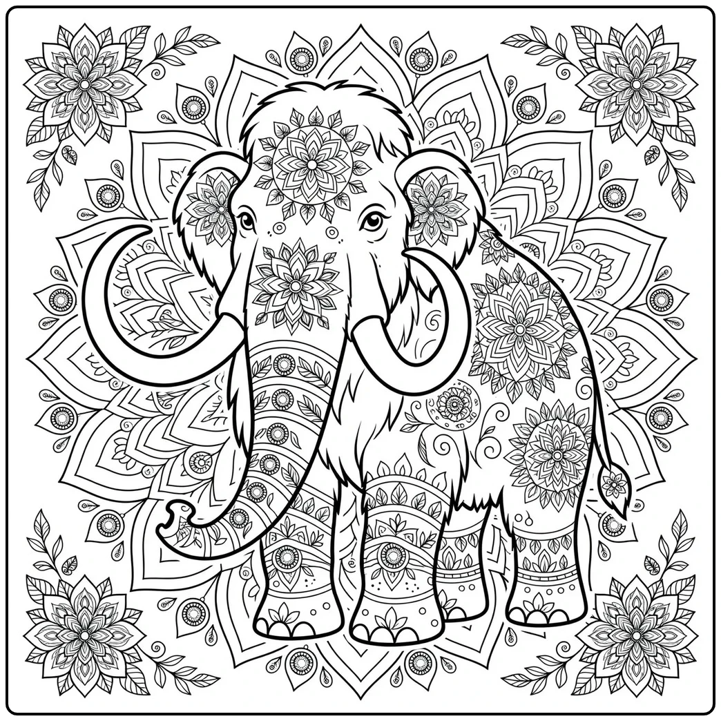 Ornate mammoth coloring page filled with floral mandala patterns from head to feet