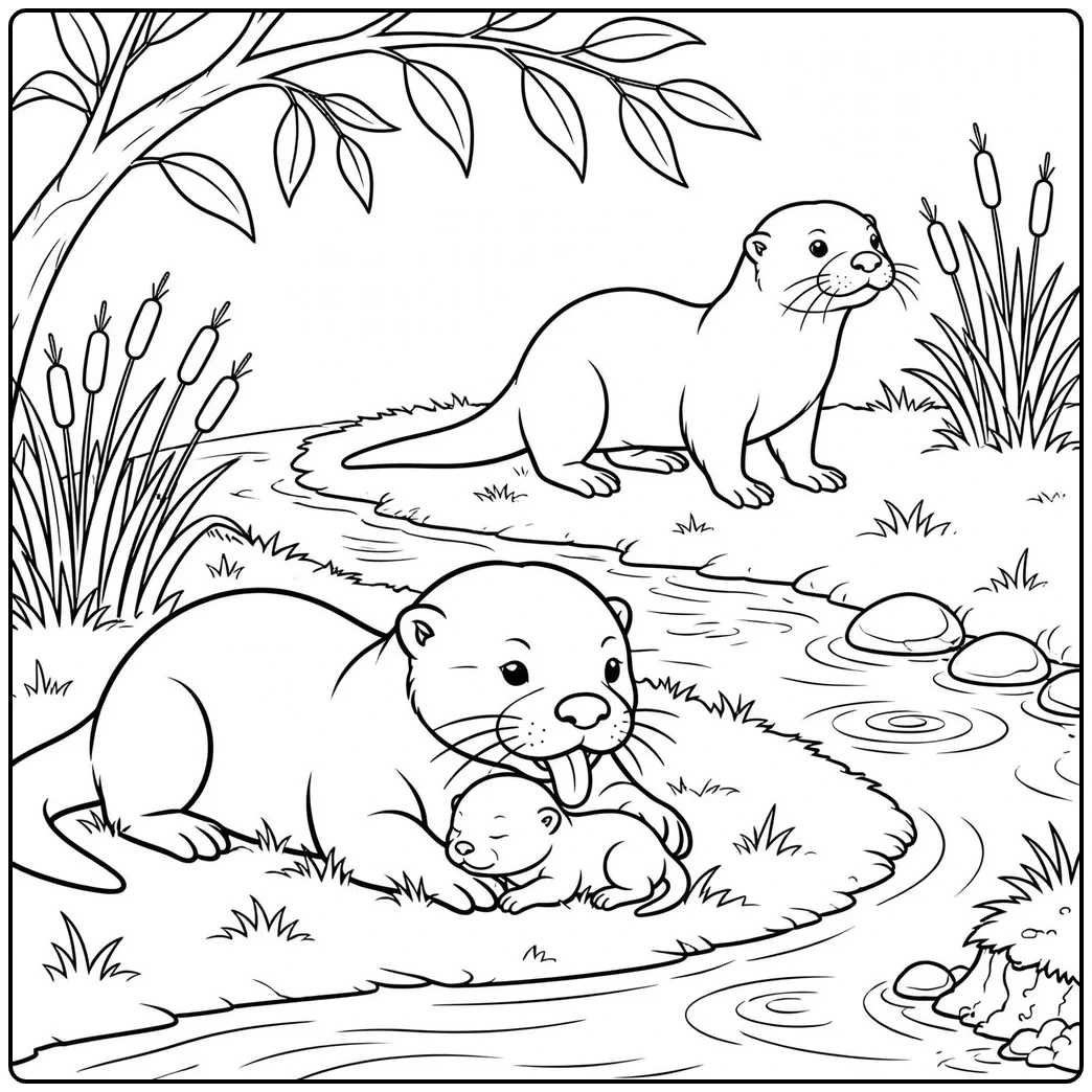 A mother grooms her tiny pup on a grassy island as another adult keeps watch.