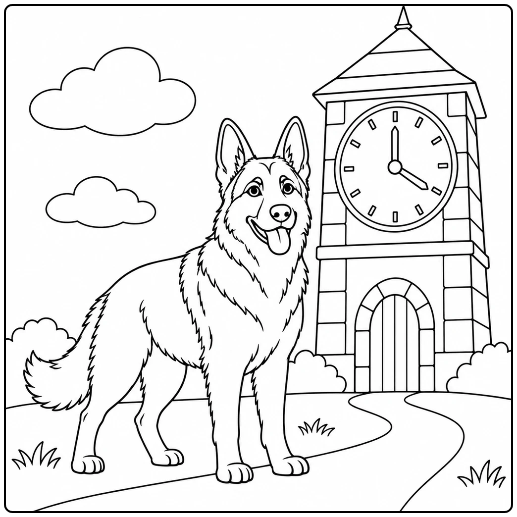 German Shepherd stands beside a tall clock tower with a large clear clock face