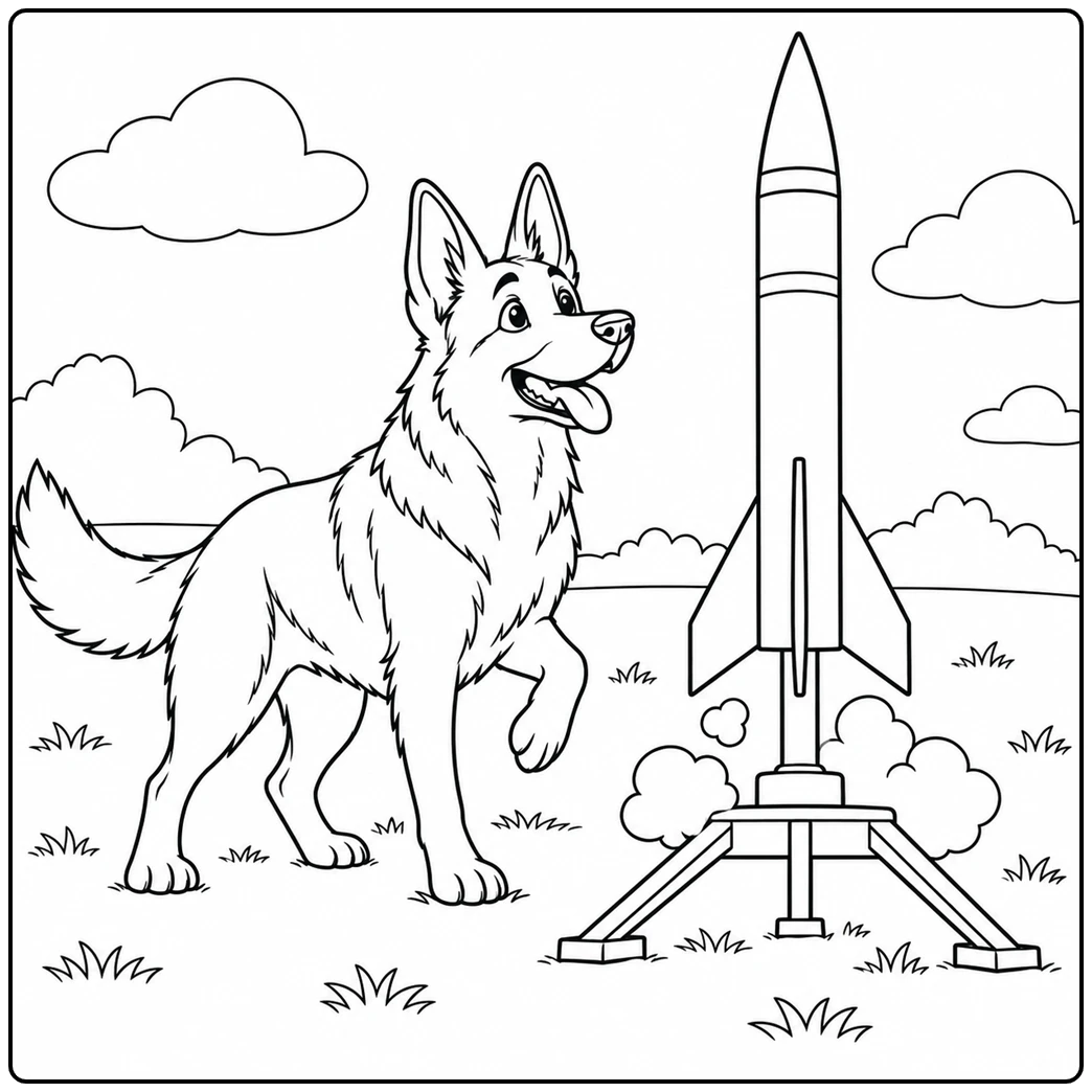 Curious dog watches a model rocket on its launch stand in this german shepherd coloring page