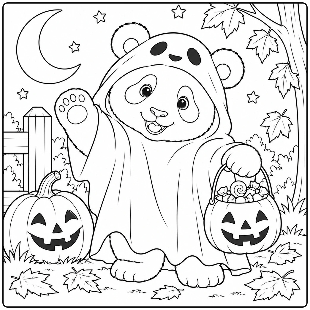 Costumed panda waves while carrying a pumpkin candy bucket beneath stars and a crescent moon.