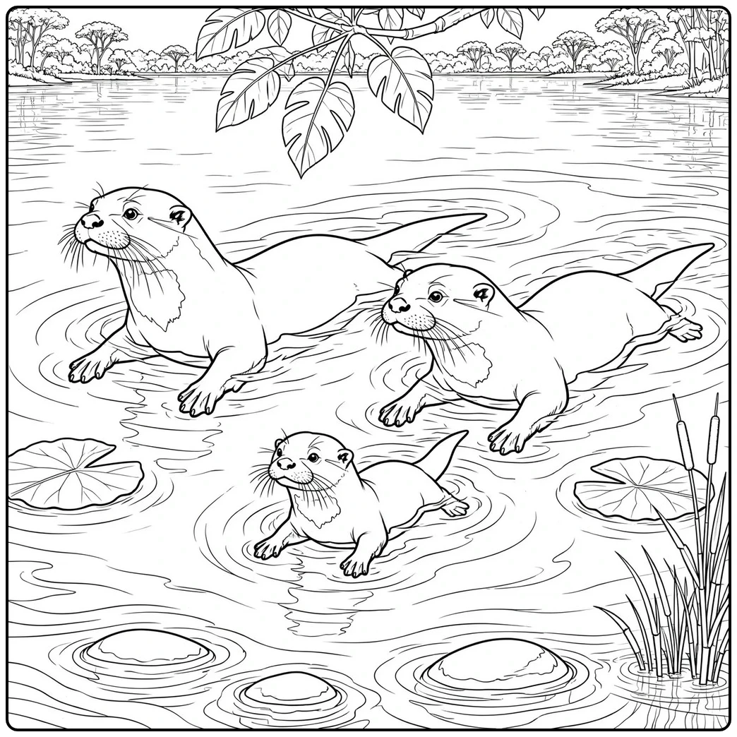 Three giant river otters travel together through a peaceful tropical lagoon.