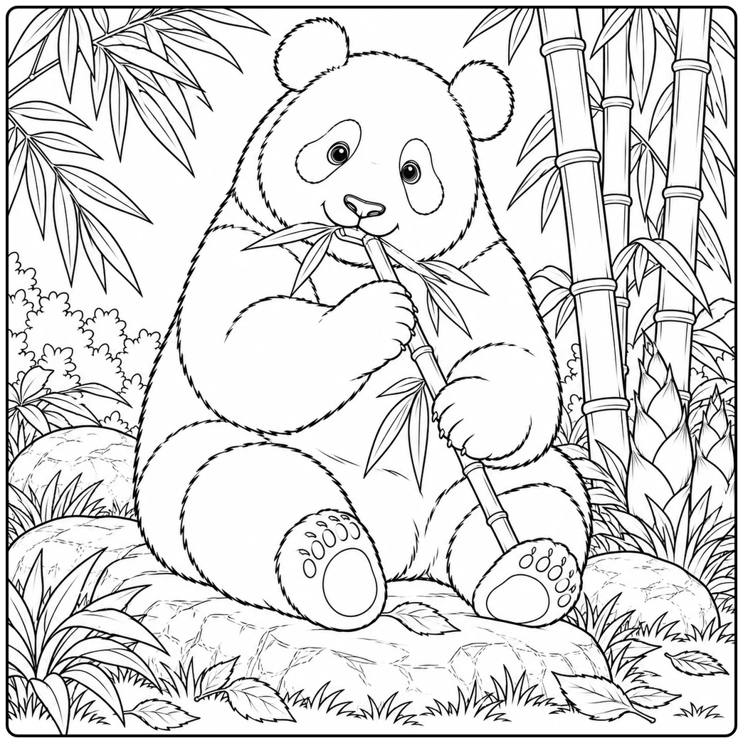 Seated giant panda eats bamboo on a rock amid dense stalks and forest foliage
