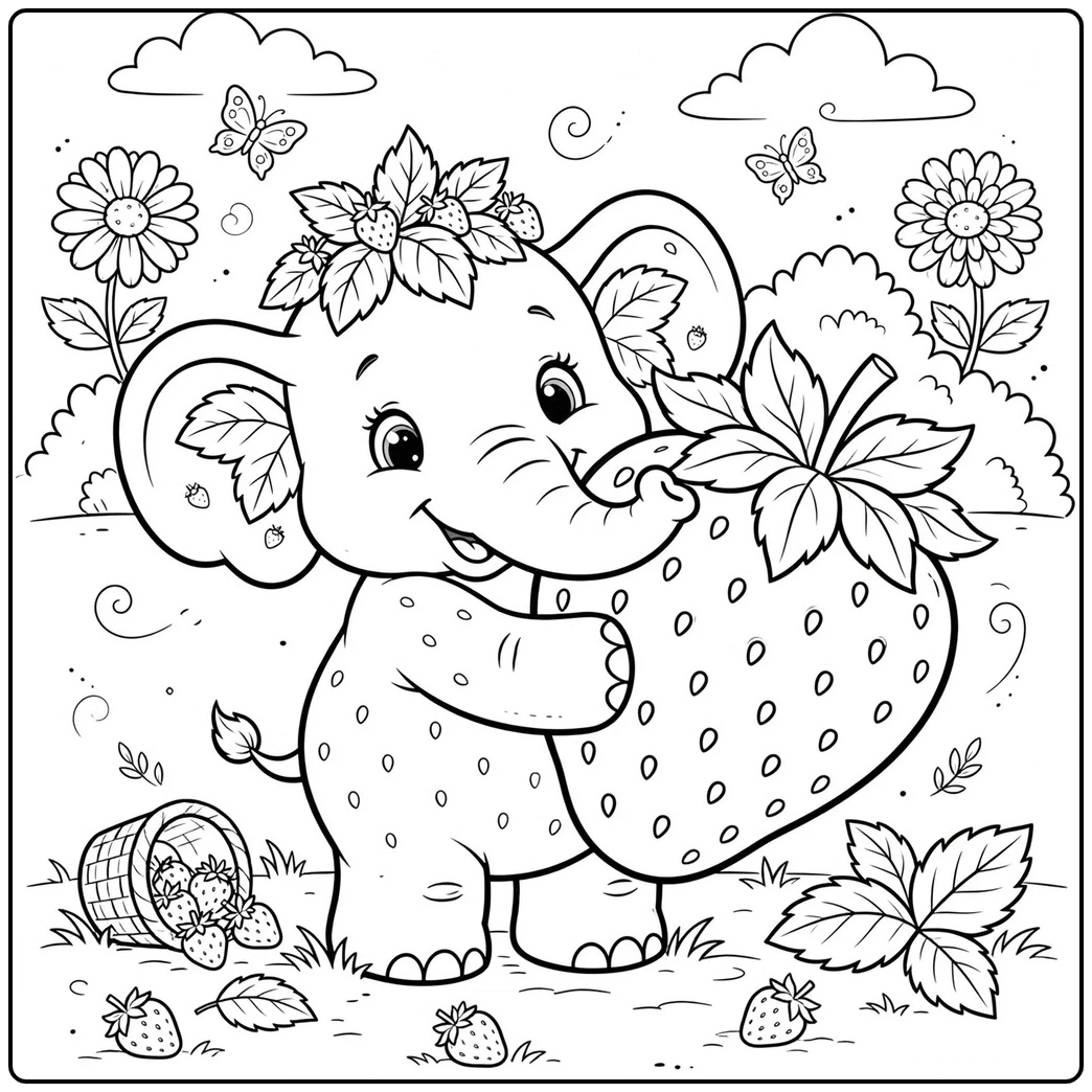 Sweet Strawberry Elephant hugs a giant berry beside flowers and a tipped fruit basket