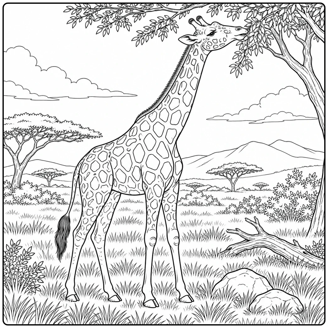 Adult giraffe browses leafy branches across a detailed African savanna landscape