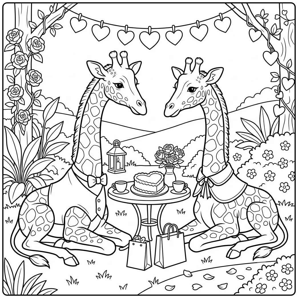Two dressed giraffes share heart cake at a garden table beneath hanging hearts