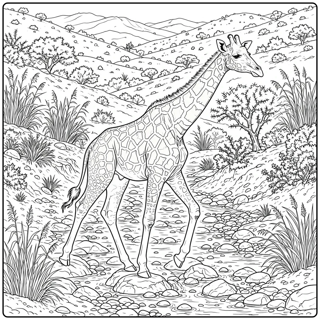 Adult giraffe crosses a rocky stream in a detailed giraffe coloring page