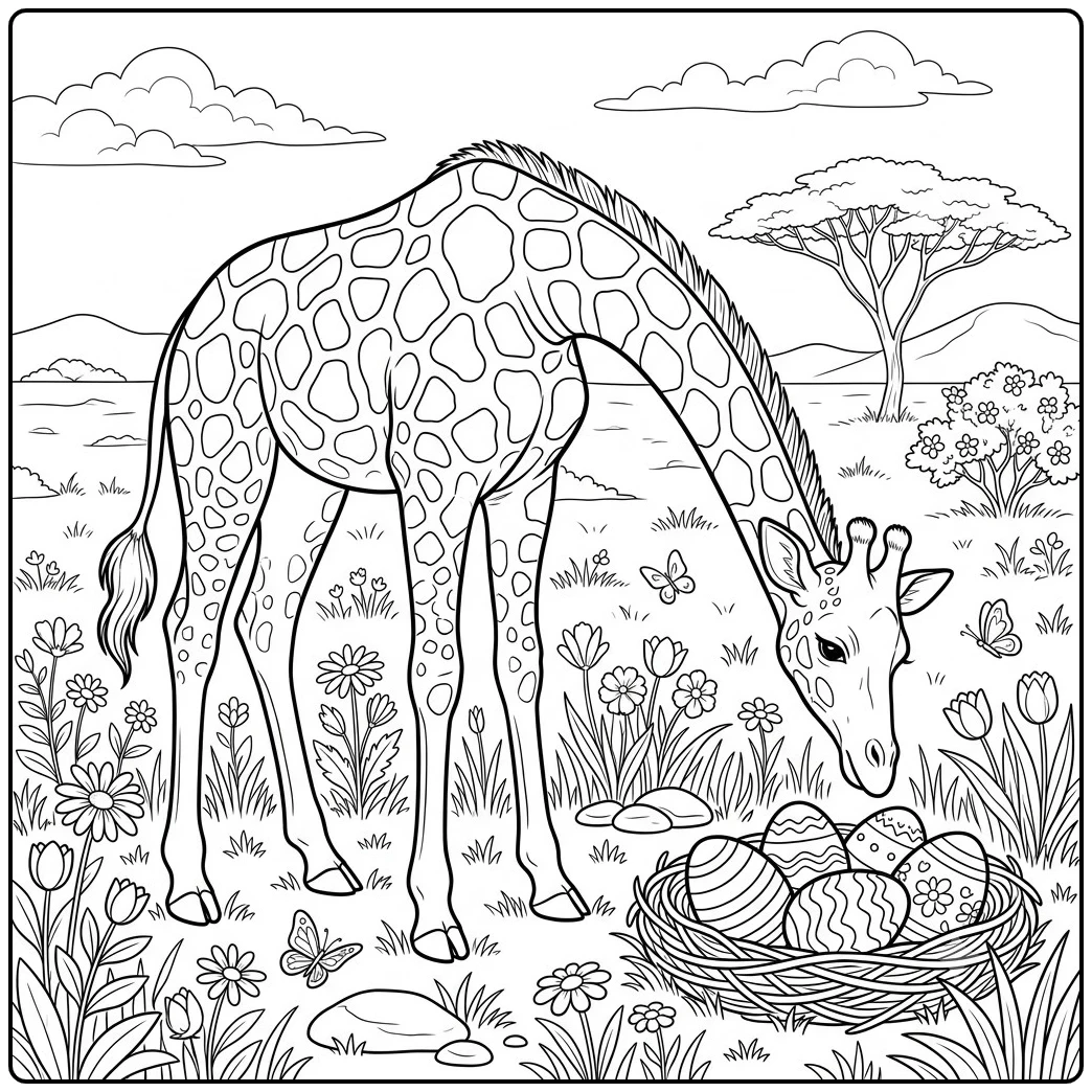 Giraffe inspects patterned Easter eggs in a flower-filled spring meadow