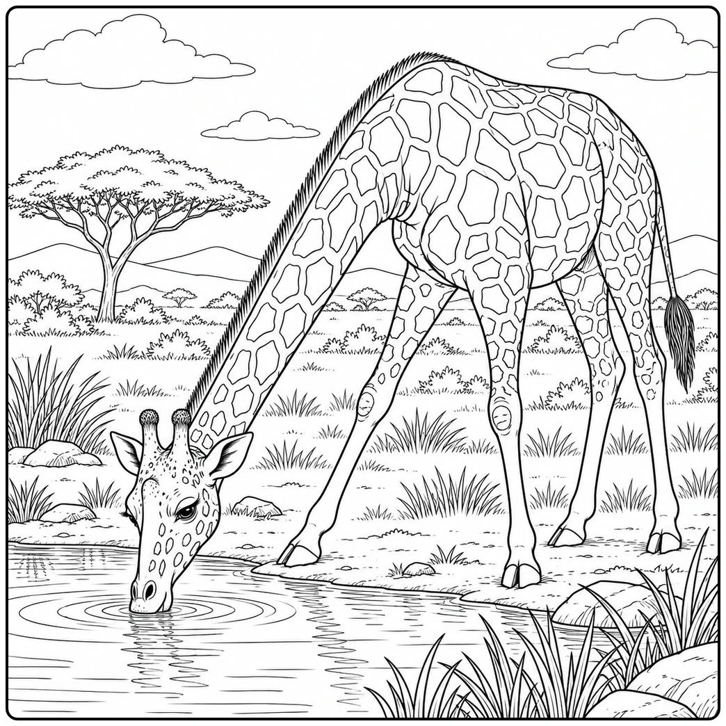 Giraffe spreads its front legs wide and bends down to drink from a quiet waterhole
