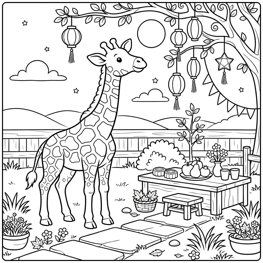 Garden giraffe coloring page with hanging lanterns, a snack table, and potted flowers