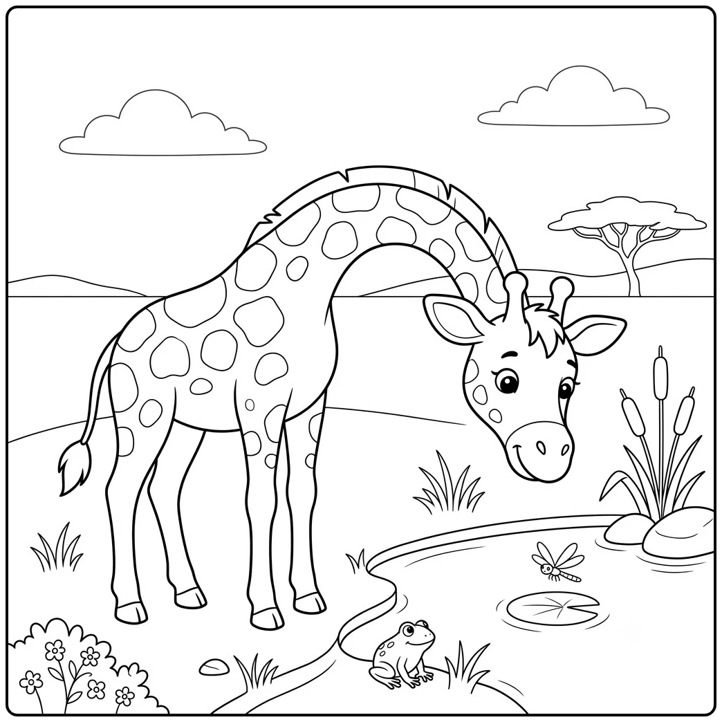 Gentle giraffe bends over a pond where a frog and dragonfly rest near the water.
