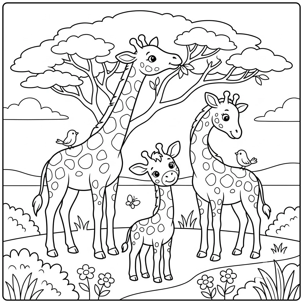 Three giraffes gather beneath an acacia tree as birds perch nearby and one eats leaves.