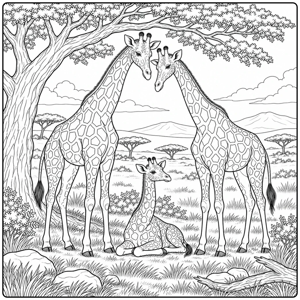 Two adult giraffes shelter a resting calf beneath a broad tree on the savanna