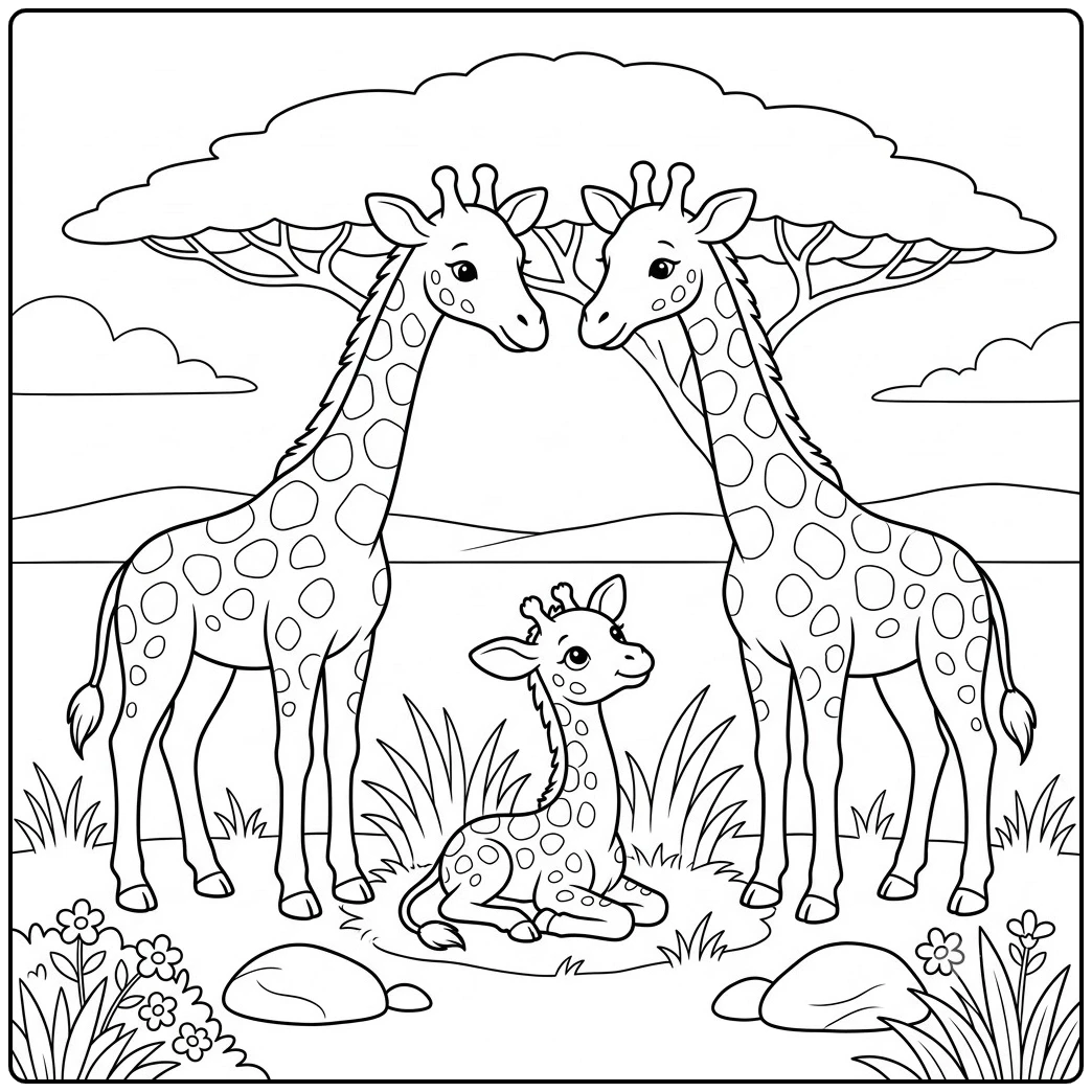 Two adult giraffes shelter a seated calf under an acacia in giraffe family coloring pages.