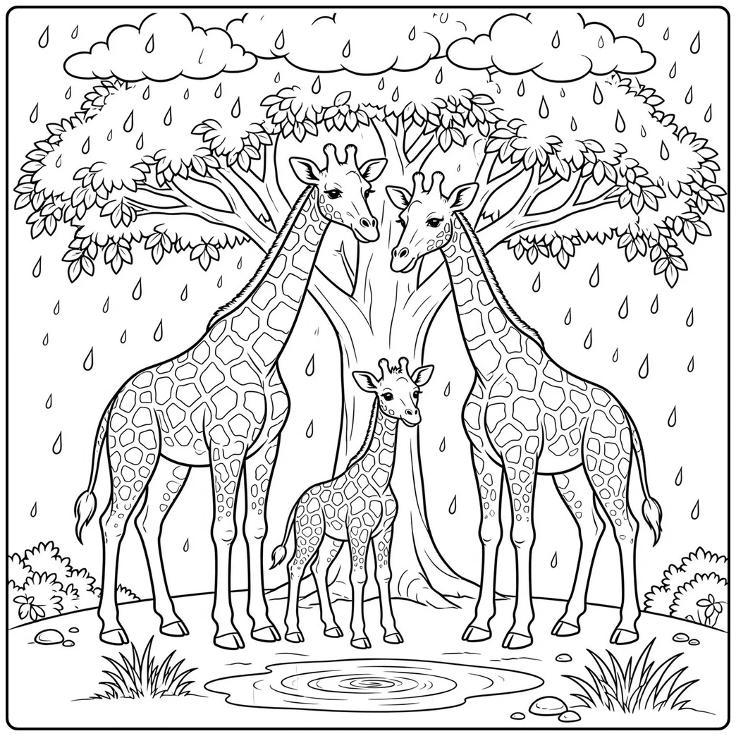 Giraffe parents shelter their calf beneath a broad tree during a gentle rain shower