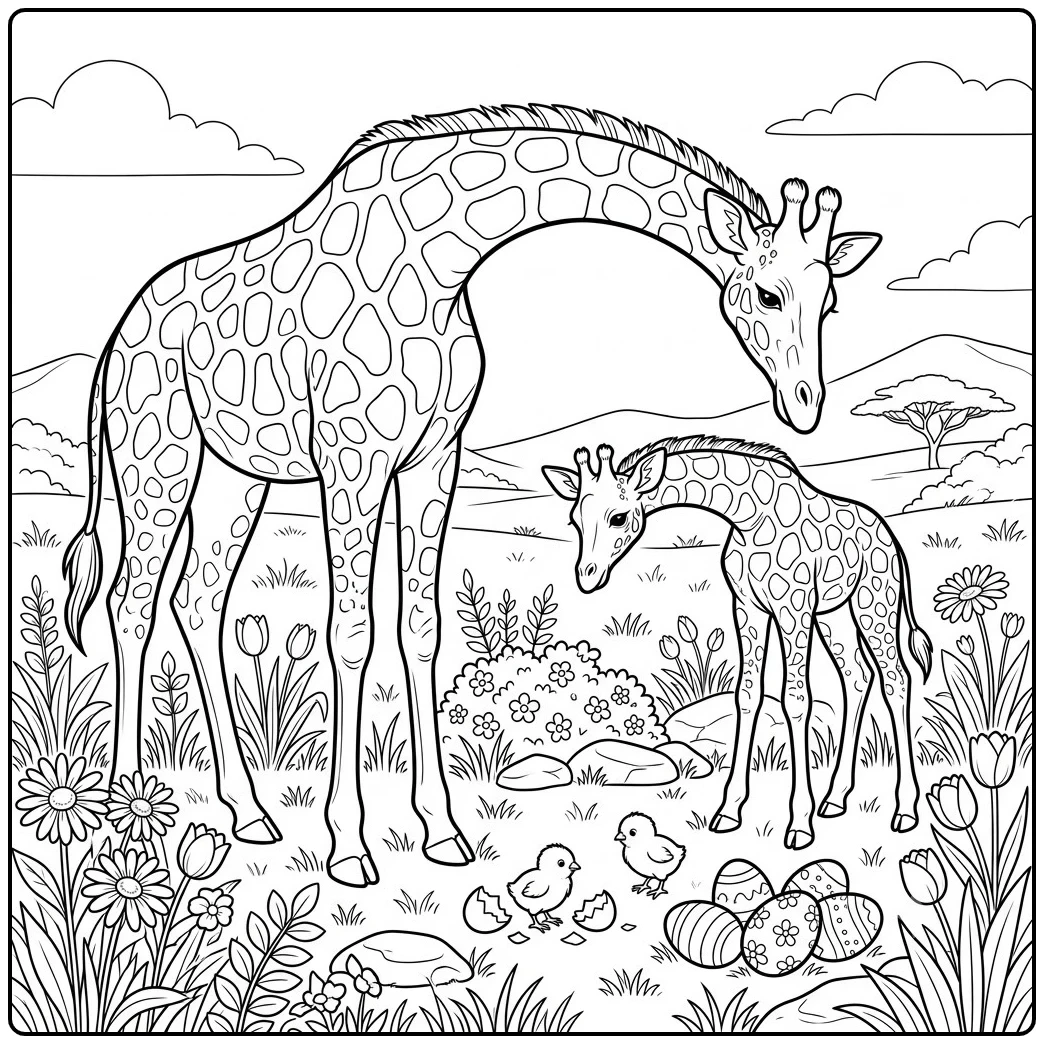Adult and young giraffe watch chicks beside eggs in an easter giraffe coloring page