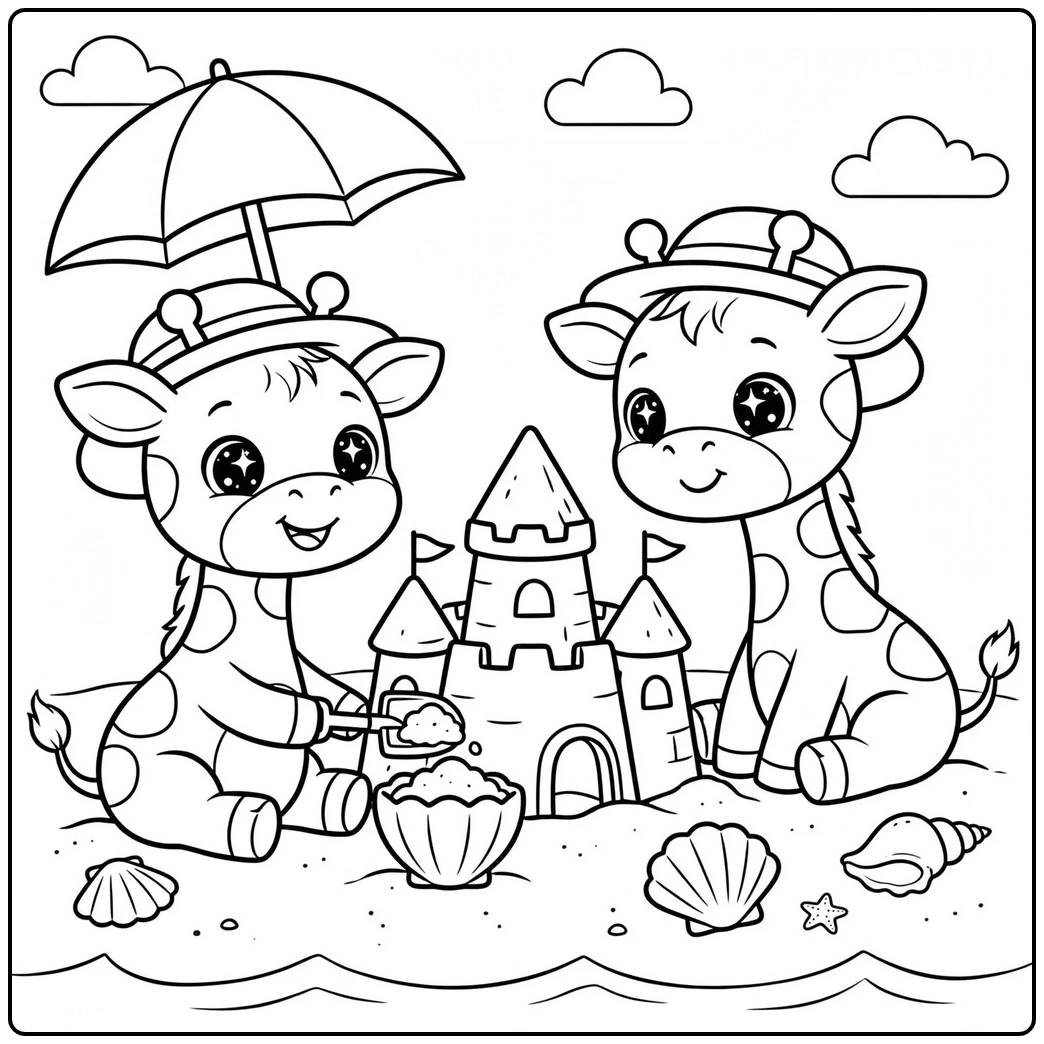 Two kawaii giraffes build a sandcastle together beside shells and a beach umbrella