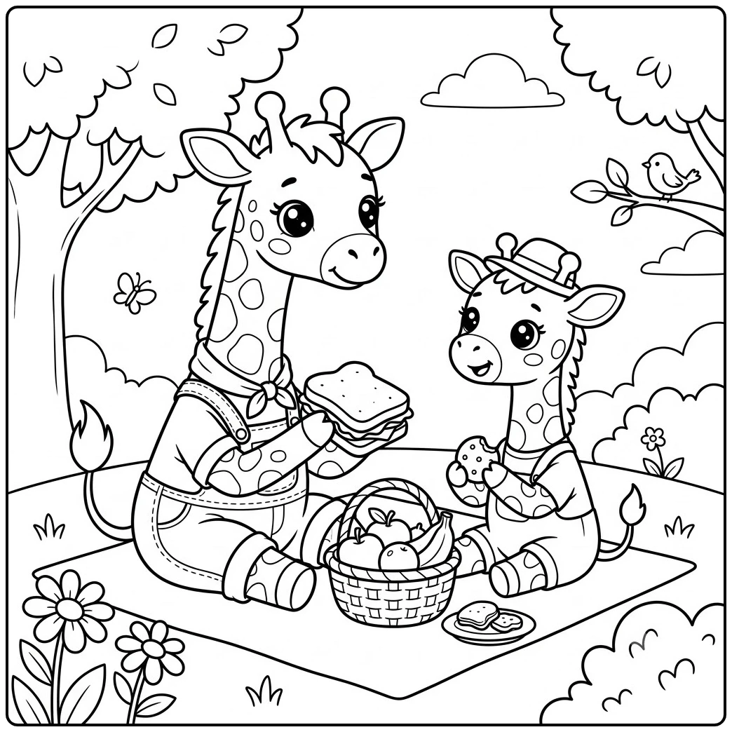 Two dressed giraffe friends share sandwiches, fruit, and cookies at a park picnic.