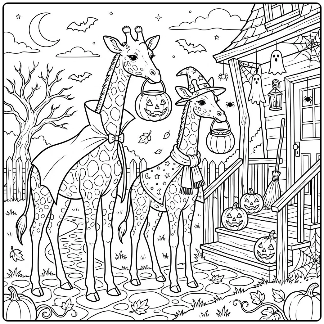 Two costumed giraffes carry pumpkin baskets beside a spooky decorated porch